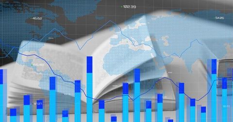 Global Data Overlaying Open Book with Blue Bar Charts, Line Graphs and World Map