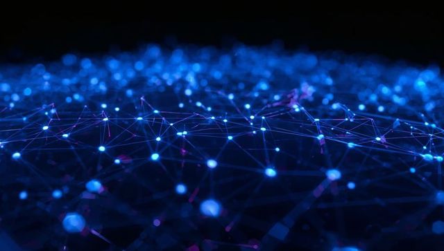 Blue pulsing neural network visualization with glowing nodes and interconnected grid