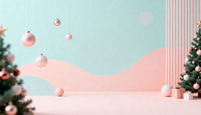 Pastel christmas scene showcasing decorated pine tree with pink baubles and wrapped gifts