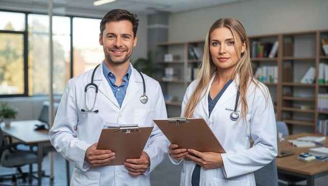 Confident doctors holding clipboards in modern clinic office