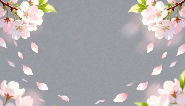 Cherry blossom branches framing textured gray background, falling pink petals, bokeh