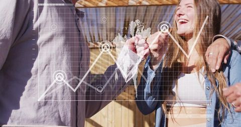 Team analyzing growth graph with augmented reality hud overlay outdoors under pergola