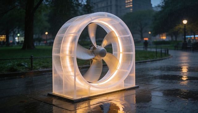 Illuminated kinetic fan sculpture in rainy urban park at dusk with led ring and reflections