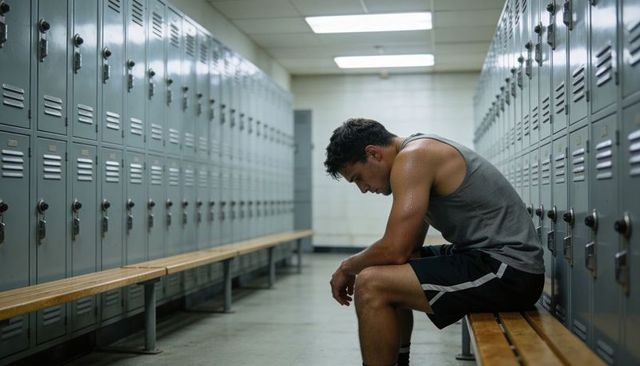 Solitary athlete resting on bench in locker room after intense workout, sweat and fatigue