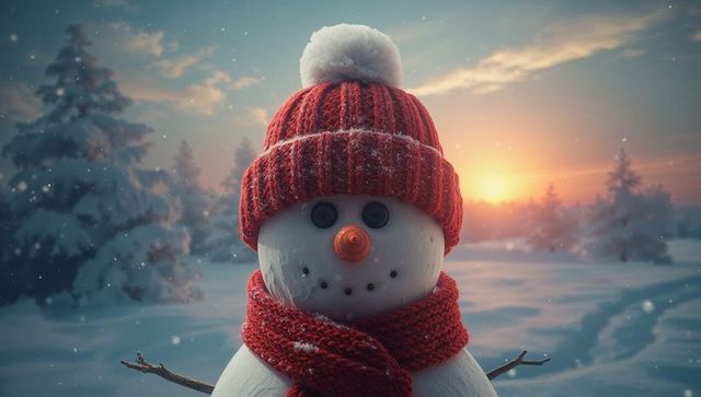 Cheerful Snowman in Sunset Winter Wonderland