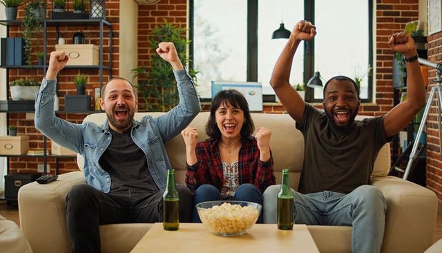 Friends cheering on couch while watching game with popcorn and beer in loft living room