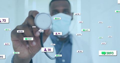 Doctor holding stethoscope with digital interaction icons