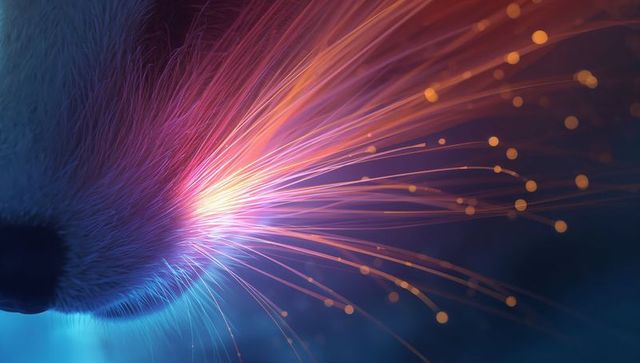Luminescent cat whiskers radiating fiber-optic light over neon gradient background