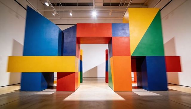 Bold modular geometric sculpture forming colorful archway in contemporary gallery space