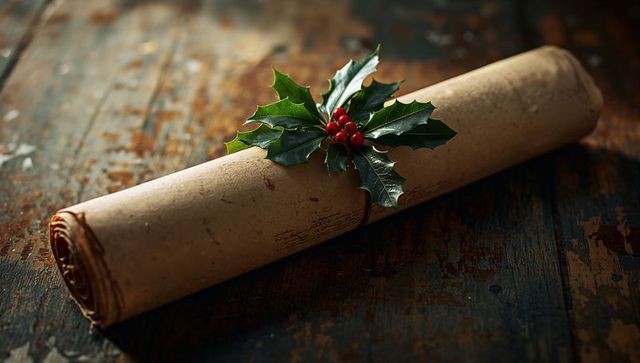 Vintage holiday parchment scrolls with festive holly sprig