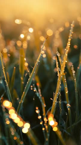Vertical video showing glinting dew on grass blades holding droplets in golden hour bokeh