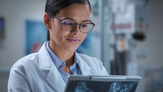 Female doctor examining medical scans on tablet in clinic wearing lab coat and glasses