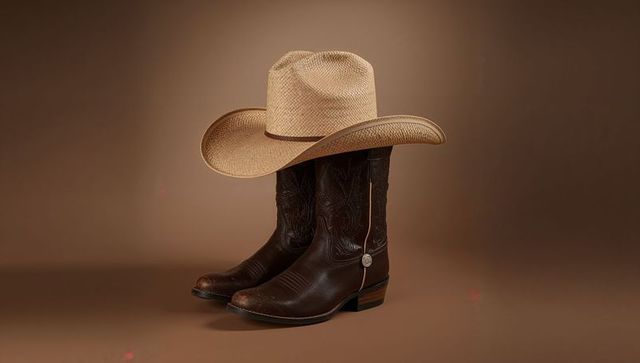 Cowboy boots supporting straw hat in rustic studio