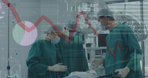 Surgical Team Collaborating with Financial Data Displays