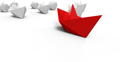 Transparent Red Origami Boat Leading White Fleet Concept