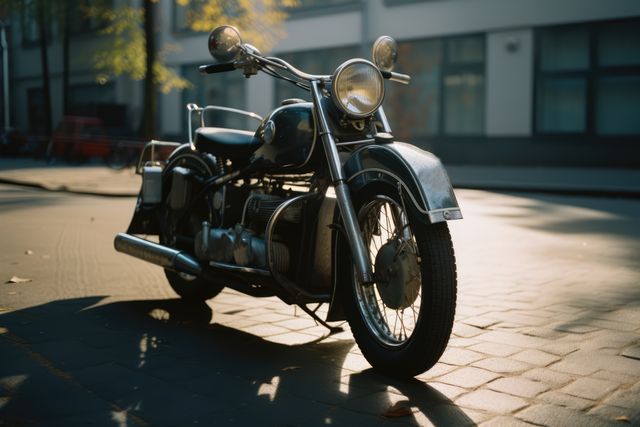 Silver motorbike in city street, created using generative ai technology. Motorbike, travel and transport concept digitally generated image.