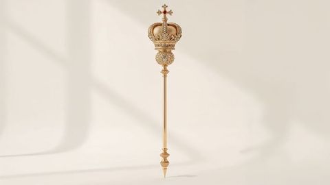 Elegant british empire golden scepter featuring jeweled crown and filigree orb