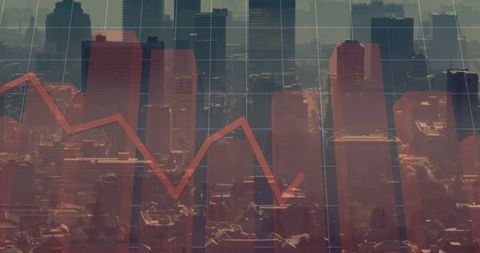 Declining market data overlaying city skyline with red bar charts and jagged trend line