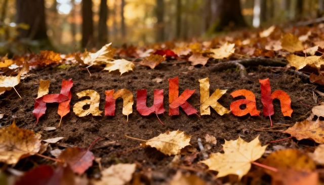 Autumn leaf letters spelling Hanukkah on forest floor with warm sunlight and bokeh