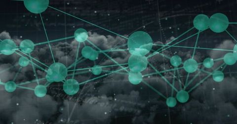 Teal network of glowing spheres and connecting lines over cloud data grid for connectivity