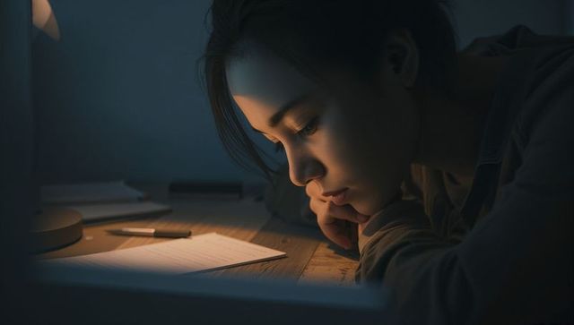 Young woman studying late night under desk lamp, leaning on arms, focused contemplative