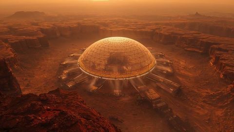 Geodesic dome habitat glowing over red canyon basin with docking rovers and modular outpost