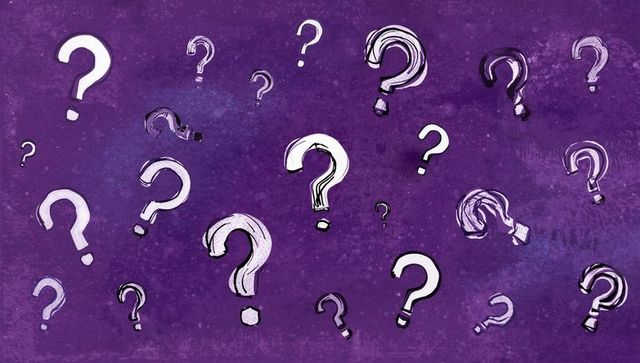 Colorful question marks over textured purple background