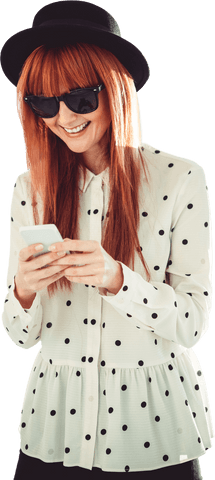 Smiling Hipster Woman Texting with Sunglasses and Hat