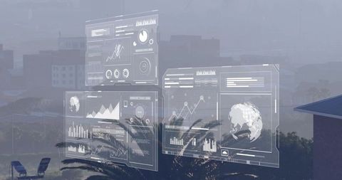 Holographic Data Dashboards Floating Over Rooftop Terrace with Cityscape and Palm Trees