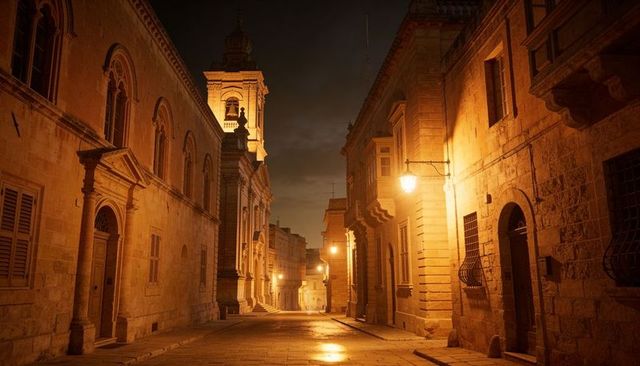 Historic cobblestone street glowing under amber lamps with church bell tower at night