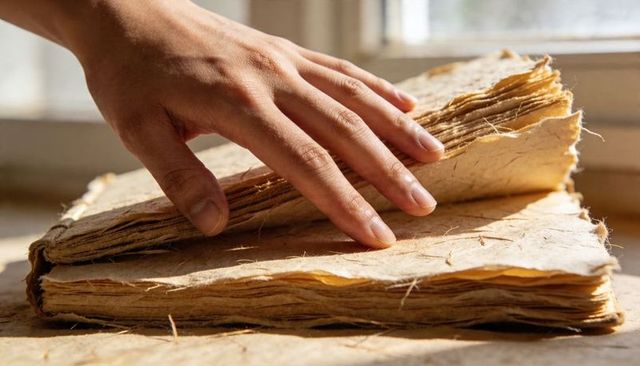 Hand turning deckled handmade paper pages on sunlit windowsill showing plant fiber texture