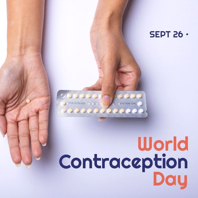 This image depicts the hands of an African American woman holding a birth control pills pack highlighting World Contraception Day, marked on September 26. Ideal for campaigns, healthcare flyers, and educational materials focusing on contraceptive use, reproductive health awareness, and women's healthcare initiatives. You can also use it for social media posts, articles, or blog images promoting World Contraception Day and related themes.