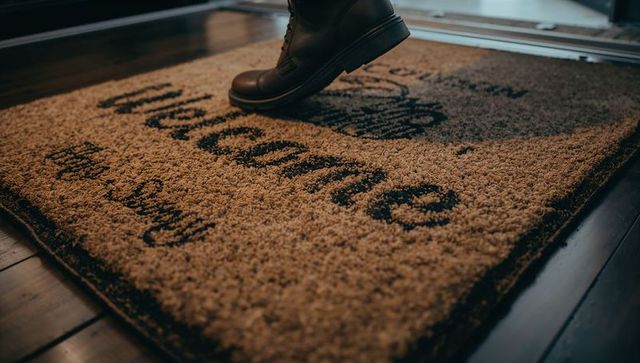 Stepping leather boot on welcome doormat at home entrance threshold