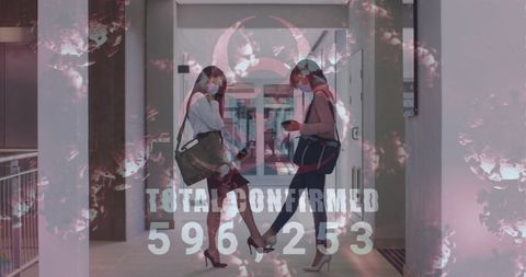 Colleagues in masks greeting with graphic overlay of covid-19 data