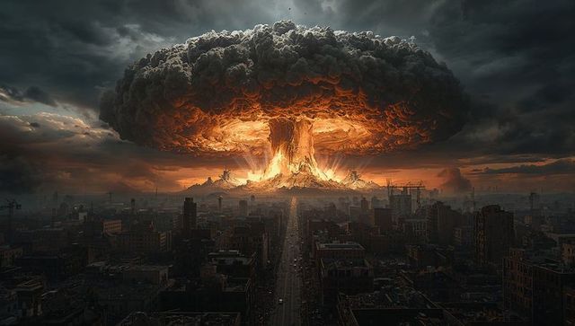 Dramatic Mushroom Cloud Over Desolate Cityscape at Dusk