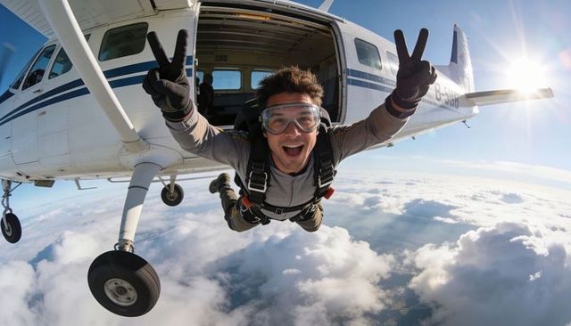 Male skydiver jumping from plane giving peace signs over cloudscape at sunrise