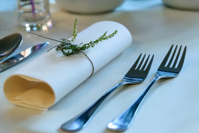 This image of an elegant table setting featuring silver utensils and a carefully rolled napkin tied with a twig is perfect for websites and brochures about fine dining, formal events, and sophisticated eating environments. Great for use in marketing materials for high-end restaurants, catering services, weddings, and other special events.