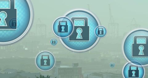 Cybersecurity Lock Icons Over Cityscape: Securing Digital World - Download Free Stock Images Pikwizard.com