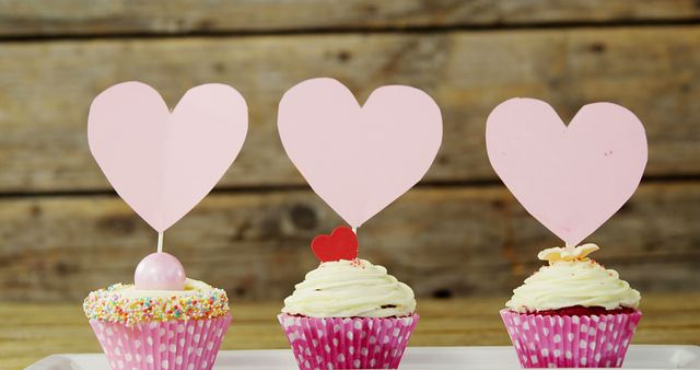 Three cupcakes with heart-shaped toppers create a sweet and romantic display, with copy space. Perfect for Valentine's Day, these treats add a touch of love to any celebration.