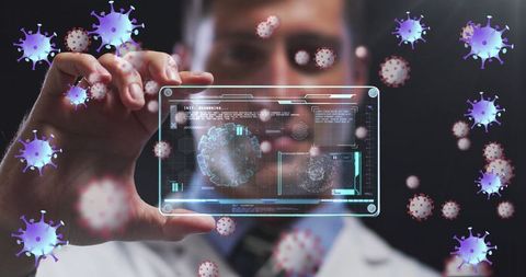 Scientist studying virus data on transparent digital interface