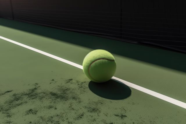 This image showcases a close-up view of a tennis ball resting on a green court with a white stripe and shadow. Ideal for use in sports-related promotions, articles about tennis, fitness, and outdoor activities. Great for illustrating themes of athleticism, precision, and leisure.
