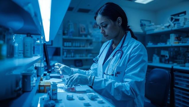 Female clinician conducting lab testing with vial and sample rack under blue lighting