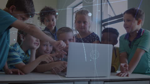 Diverse Group of Children Exploring Technology on Laptop
