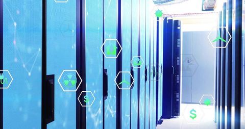Futuristic Data Center Aisle with Blue-lit Servers and Digital Icons