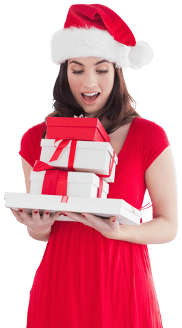 Joyful Woman Holding Christmas Gifts on Transparent Background