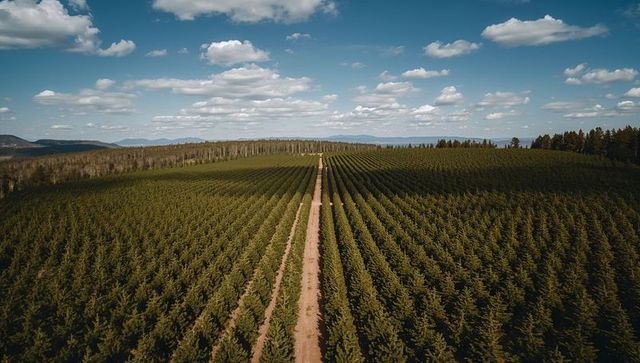 Aerial View of Symmetrical Conifer Plantation with Dirt Road