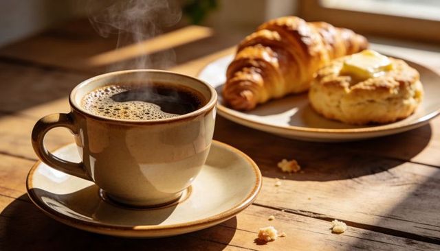Steaming cup of black coffee with croissant and buttered scone on rustic wooden table