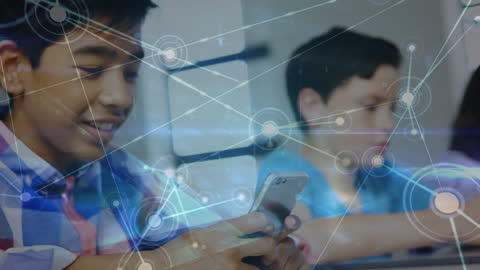 Happy Students Engaging with Smartphones and Technology Overlaid with Digital Connections