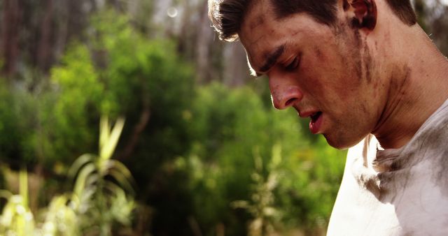 Exhausted Man Covered in Dirt in Woods - Download Free Stock Images Pikwizard.com