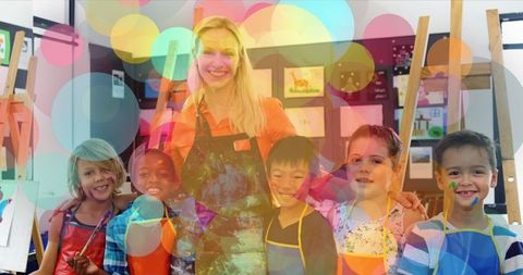 Art Teacher with Diverse Children Celebrating Creativity